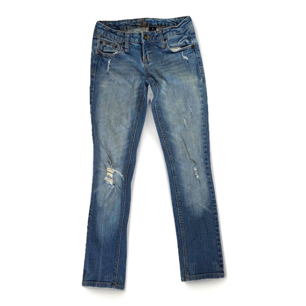 Y2K Zco Distressed Low Rise Skinny Blue Jeans Sz 3 Grunge Embroidered Indie Emo